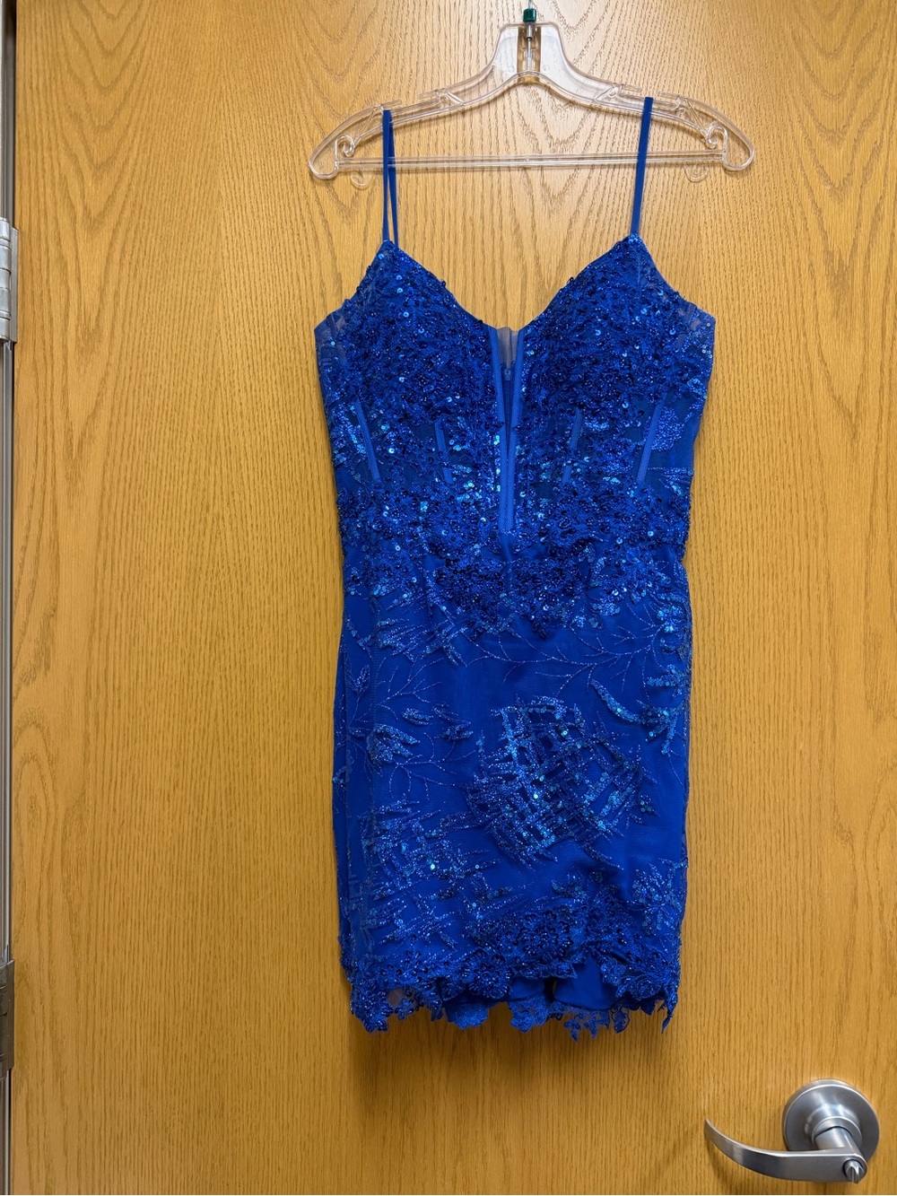 Embellished Cobalt Blue Spaghetti-Strap Mini Dress